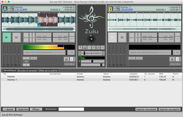Captures d'écran du logiciel de mixage pour DJ - Zulu pour Mac.