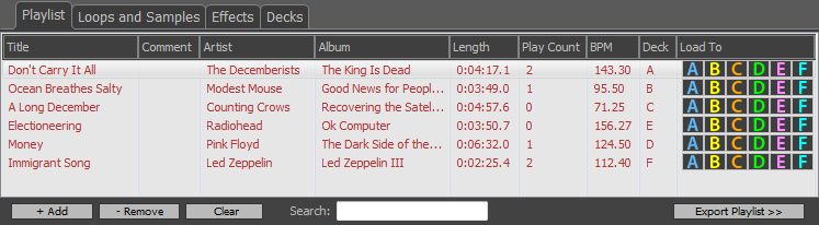 The playlist shows all of the music loaded into Zulu including the song details.