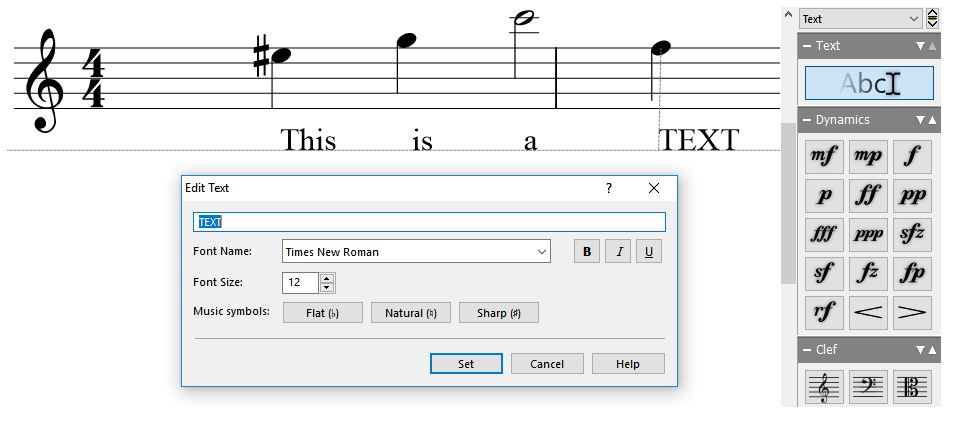 Screenshot von Crescendo Musik Notation Software mit Textfunktion